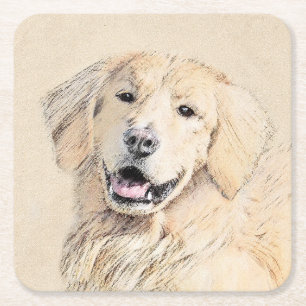 Porta-copo De Papel Quadrado Pintura do ouro Retriever - Arte Cachorra Original