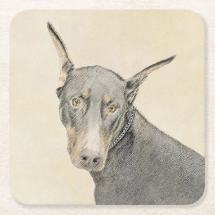 Porta-copo De Papel Quadrado Pintura Doberman Pinscher - Arte Original para Cã