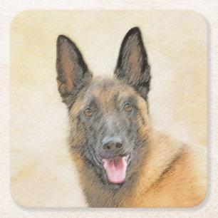 Porta-copo De Papel Quadrado Pintura em Malinois Belga - Arte Cachorra Original