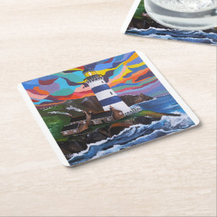 Porta-copo De Papel Quadrado Pintura Farol Acima das Ondas por Alfred Fox
