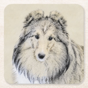 Porta-copo De Papel Quadrado Pintura Shetland Sheepdog - Arte Cachorreira Origi
