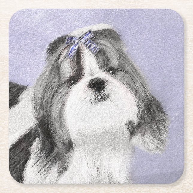Porta-copo De Papel Quadrado Pintura Shih Tzu - Arte Cachorosa Original (Frente)