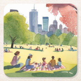 Porta-copo De Papel Quadrado Piquenique no Boston Common | Pintura em Aquarela 