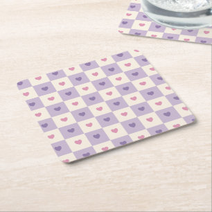 Porta-copo De Papel Quadrado Pires de Papel com Corações Xadrez Roxo e Rosa Ret