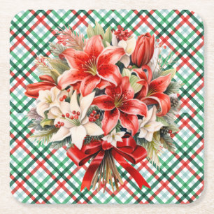 Porta-copo De Papel Quadrado Plaid de Natal Floral Padrão Clássico de Férias 6