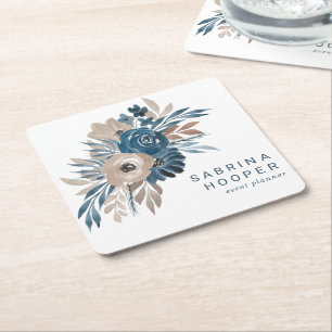 Porta-copo De Papel Quadrado Planejador de Eventos Floral Aquarela Índigo Bege 