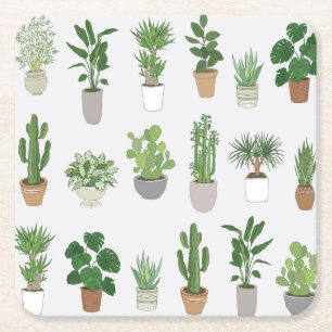 Porta-copo De Papel Quadrado Plantas caseiras, padrão de rabisco de vintage