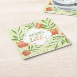 Porta-copo De Papel Quadrado Plantas Frescas em Vasos de Cerâmica Aquarela