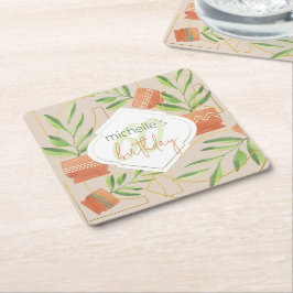 Porta-copo De Papel Quadrado Plantas Frescas em Vasos de Cerâmica Aquarela