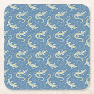 Porta-copo De Papel Quadrado Playful Green Alligator Paisley em azul