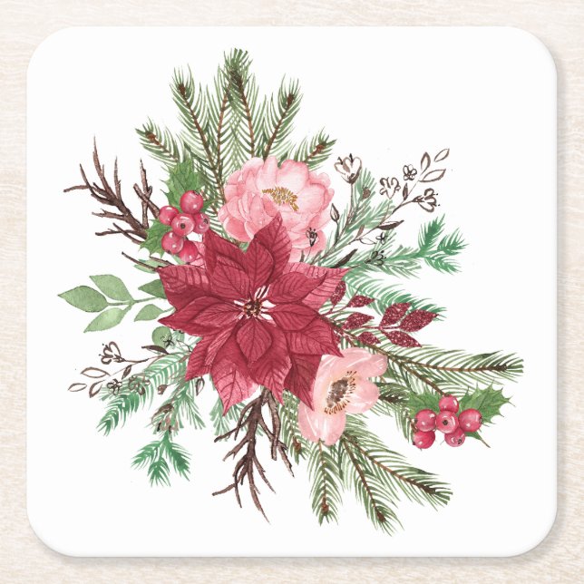 Porta-copo De Papel Quadrado Poinsettia de Natal Elegante Tradicional (Frente)