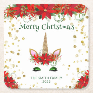 Porta-copo De Papel Quadrado Poinsettia de Natal Unicórnio com Fonte Verde Fest