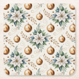 Porta-copo De Papel Quadrado Poinsettia Dourada de Natal Branco Elegante