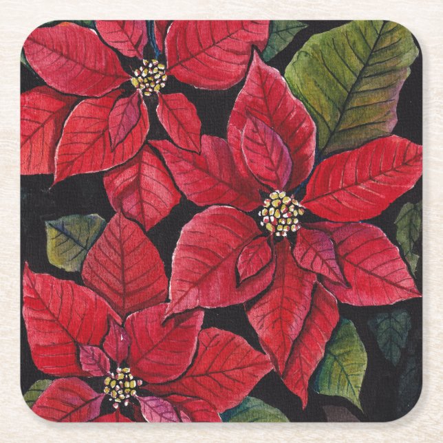 Porta-copo De Papel Quadrado Poinsettia Vibrante Em Aquarela (Frente)