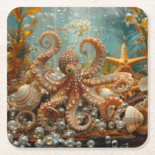 Porta-copo De Papel Quadrado Polvo Conchas Estrelas-do-Mar Pérolas Oceano Tropi