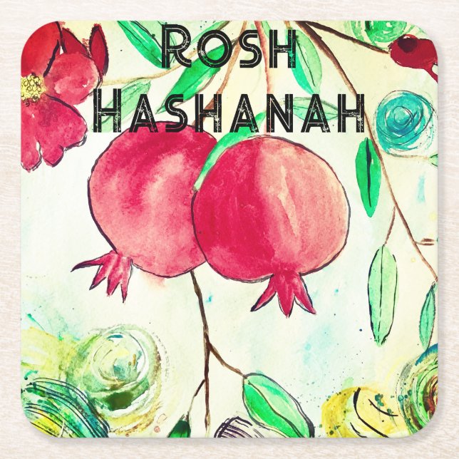 Porta-copo De Papel Quadrado Pomegranato Rosh Hashanah Fruta Shana Tova (Frente)