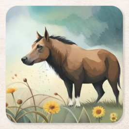 Porta-copo De Papel Quadrado Pônea castanho-branca no campo floral