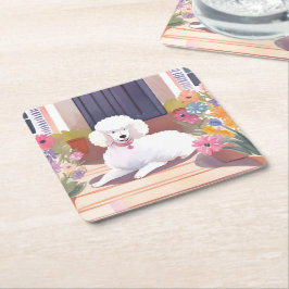 Porta-copo De Papel Quadrado Poodle Branco | Flores Aquarela de Cachorro