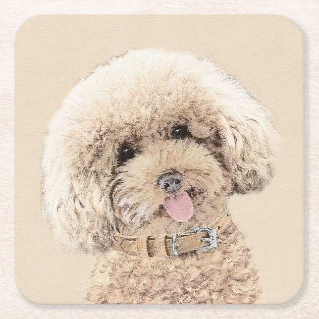 Porta-copo De Papel Quadrado Poodle Miniature Toy Apricot Cream Brown Dog Art (Frente)