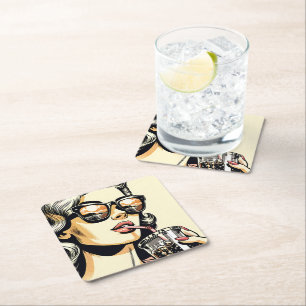 Porta-copo De Papel Quadrado Pop Art Comic Book Bonito Mulher Bebendo Soda