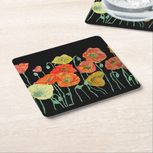 Porta-copo De Papel Quadrado Poppies Laranja e Preta Flor Coaster de Papel