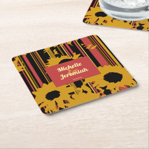 Porta-copo De Papel Quadrado Pôr do Sol de Girassol Coral Dourado Casamento Mod