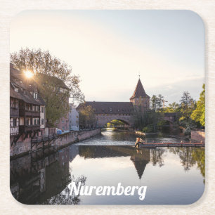 Porta-copo De Papel Quadrado Pôr do sol sobre a antiga ponte medieval em Nuremb