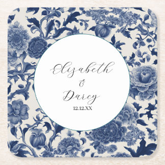 Porta-copo De Papel Quadrado Porcelain Elegance: Casamento Floral Azul