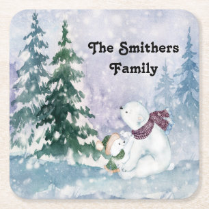 Porta-copo De Papel Quadrado Porta copos Cênica de Inverno com Árvores e Ursos