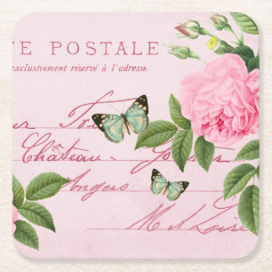Porta-copo De Papel Quadrado Porta copos floral francesa do vintage com rosa do
