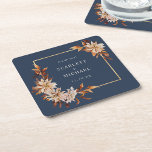 Porta-copo De Papel Quadrado Porta copos marinho de Papel de Casamento Azul<br><div class="desc">Forneça um toque personalizado à sua recepção com a Porta copos de Papel Azul de Casamento Marinho com os Nomes da Noiva e do Cavalo da "Fall Marinho Blue Terracotta Floral e Deixa a Coleção de Convites de Casamento". Estas portas copos lindamente projetadas exibem as finas folhas de outono e...</div>