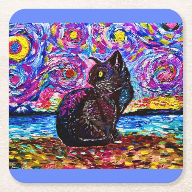 Porta-copo De Papel Quadrado Portas copos de Gatinho Negra Starry Night (Frente)