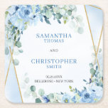 Porta-copo De Papel Quadrado Portas copos de ouro de eucalipto floral azul russ<br><div class="desc">Melhore a decoração do seu casamento com flores azuis românticas, eucalipto verde e portas copos de molduras douradas. A combinação de tons de azul macio, verde-luxuoso e sotaques de ouro espumantes cria uma atmosfera sonhadora e elegante. Estas portas copos podem adicionar um toque de sofisticação às suas mesas de recepção,...</div>