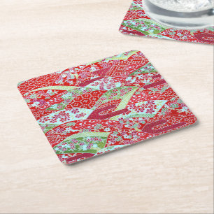 Porta-copo De Papel Quadrado Portas copos Japonesas Red Floral Yuzen Chiyogami