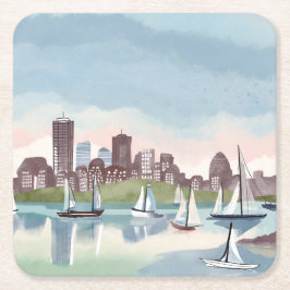 Porta-copo De Papel Quadrado Porto de Boston | Aquarela de Boston Massachusetts