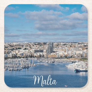 Porta-copo De Papel Quadrado Porto de Sliema com edifícios modernos e barcos