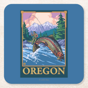 Porta-copo De Papel Quadrado Poster das viagens vintage da cena da pesca com
