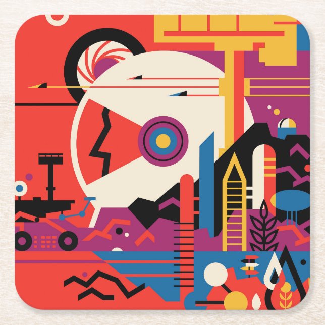 Porta-copo De Papel Quadrado Poster do Espaço Retroativo - Programa de Exploraç (Frente)