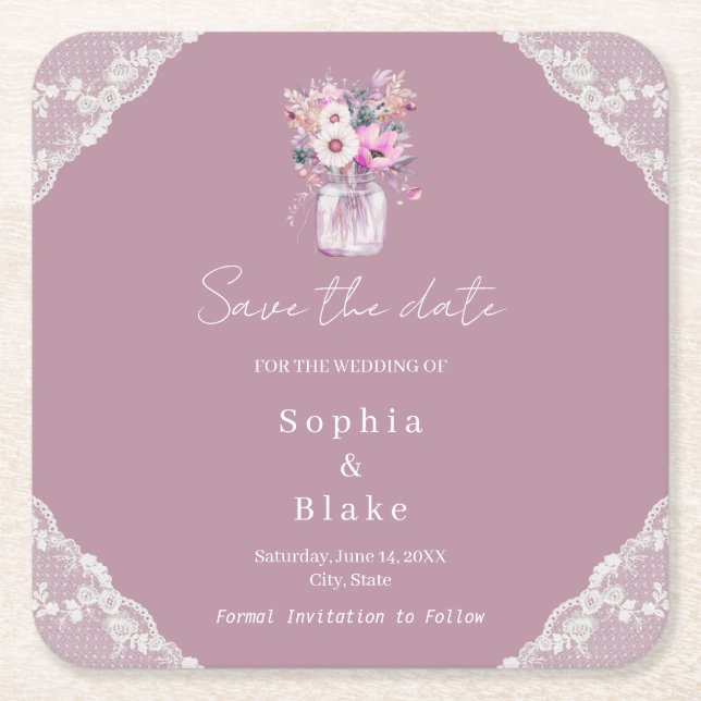 Porta-copo De Papel Quadrado Pote de Pedra Lace Country Rosa Salve a Data (Frente)