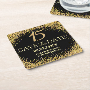 Porta-copo De Papel Quadrado Poupe a Data de 15 Anos Black Gold Glitter