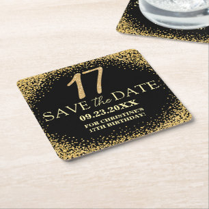Porta-copo De Papel Quadrado Poupe a Data de Aniversário de 17 anos Black Gold 