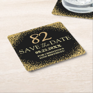 Porta-copo De Papel Quadrado Poupe na Data do 82º Aniversário Black Gold Glitte