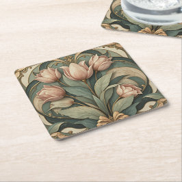 Porta-copo De Papel Quadrado Pousadeiras Florais de Tulipas Rosa Art Nouveau