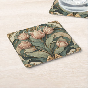 Porta-copo De Papel Quadrado Pousadeiras Florais de Tulipas Rosa Art Nouveau