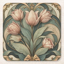 Porta-copo De Papel Quadrado Pousadeiras Florais de Tulipas Rosa Art Nouveau