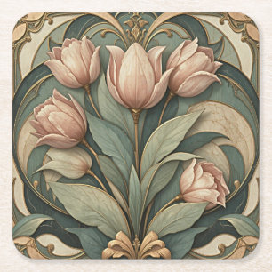 Porta-copo De Papel Quadrado Pousadeiras Florais de Tulipas Rosa Art Nouveau