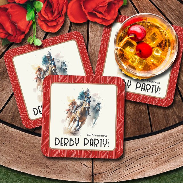 Porta-copo De Papel Quadrado Praça Vermelha do Partido Race Hormones Derby (Race Horses Derby Party Red Coasters)