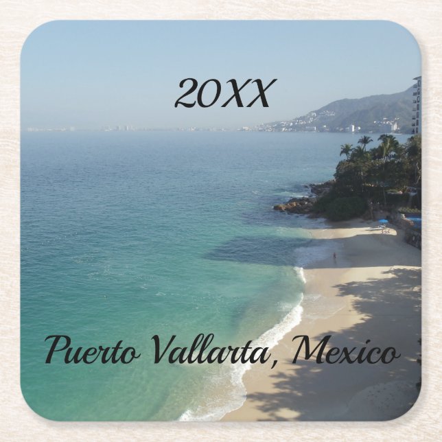 Porta-copo De Papel Quadrado praia arenosa azul e mar (Frente)