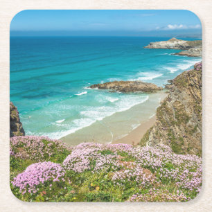 Porta-copo De Papel Quadrado Praia de Newquay no Norte da Cornualha, penhasco d