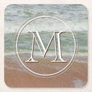 Porta-copo De Papel Quadrado Praia Ondas de Areia Personalizadas Monograma Inic